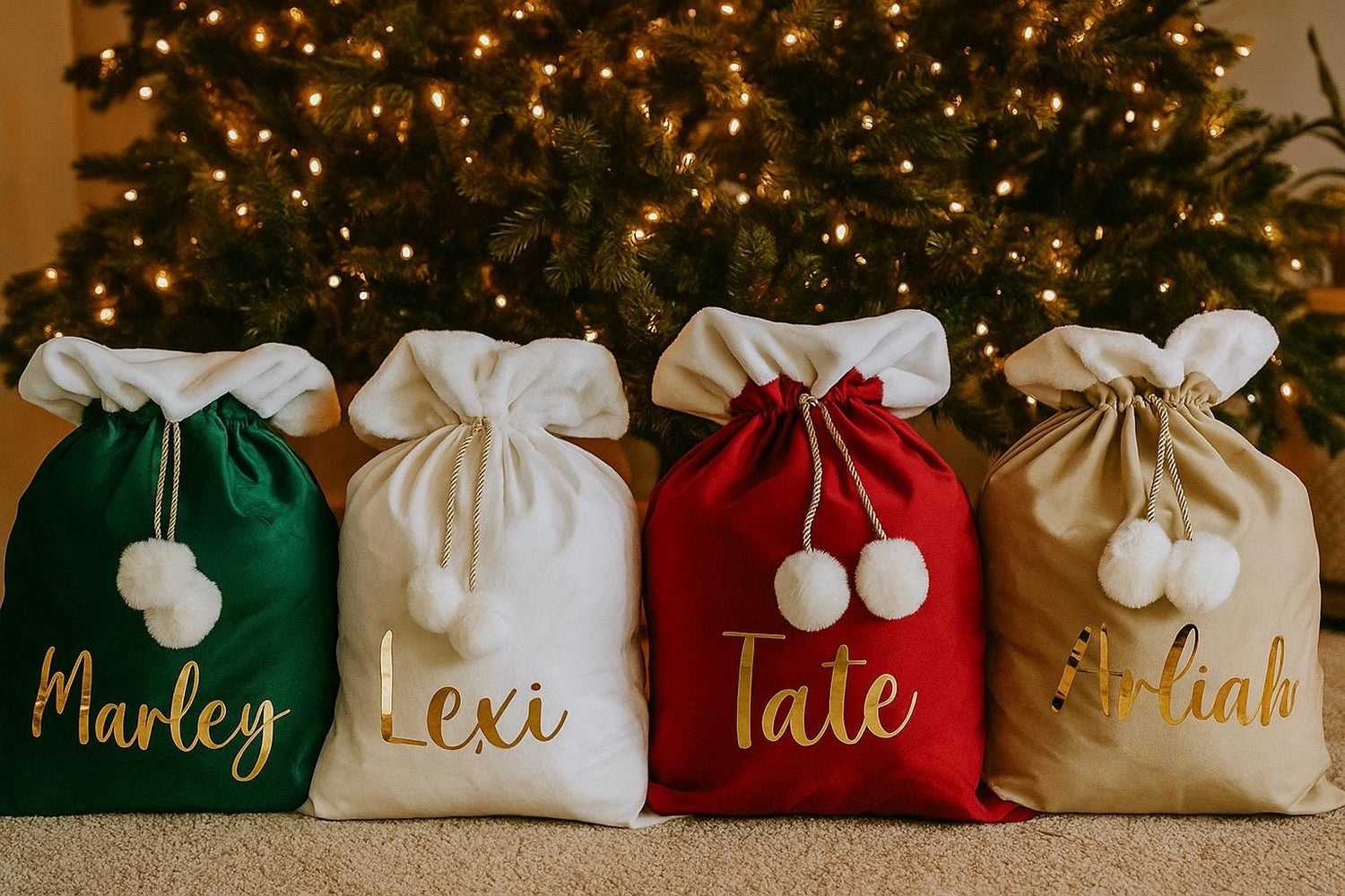 Four Christmas gift bags with names in gold text, green, white, red, and beige, in front of a decorated Christmas tree.